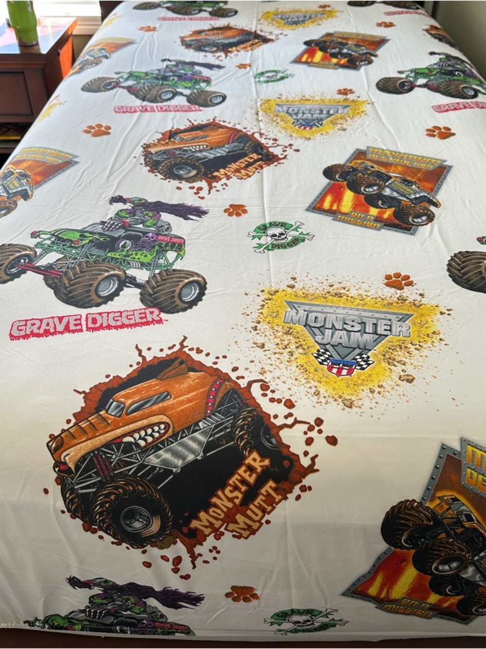 Kids Twin Bedding Sheet - White with Multicolor Monster Truck Prints